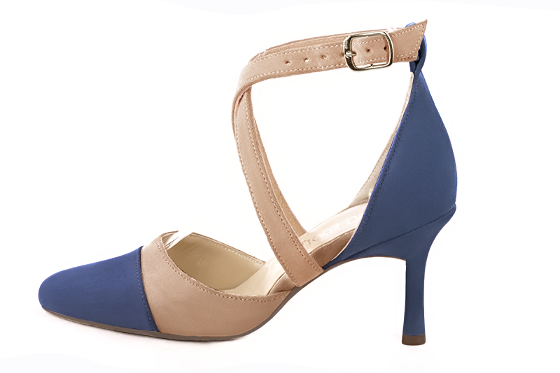 Prussian blue and biscuit beige women's open side shoes, with crossed straps. Round toe. High slim heel. Profile view - Florence KOOIJMAN